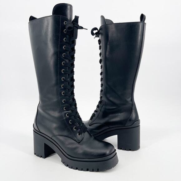 Miu Miu Black Military Combat Square Toe Chunky Block Heel Lug Sole Boot IT 40 - Picture 1 of 13